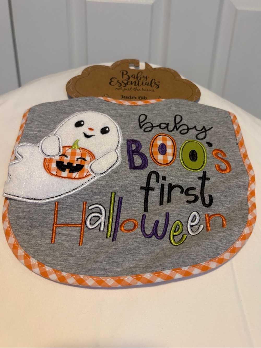 Baby Essentials Gray and Orange "Baby Boo's First Halloween" Bib